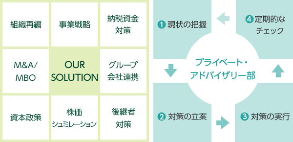 私たちのソリューションには事業戦略・資産継継・組織再編・株価・後継者対策・納税資金対策・M&A/MBO・資本制作といったファクターがあります