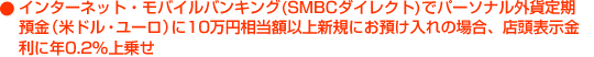 インターネット・モバイルバンキング(SMBCダイレクト)でパーソナル外貨定期預金(米ドル・ユーロ)に10万円相当額以上新規にお預け入れの場合、店頭表示金利に年0.2%(税引後 年0.16%)上乗せ