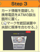 Step3 カード情報を登録したした携帯電話をATMの該当箇所に置く。(FeliCa(フェリカ)マークを認証装置中央部に照準を合わせる。)