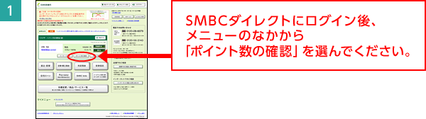 1.SMBCダイレクトにログイン後、メニューのなかから「ポイント数の確認」を選んでください。