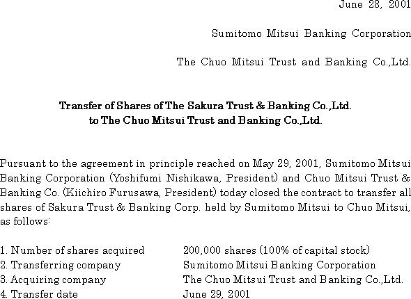 Transfer of Shares of The Sakura Trust & Banking Co.,Ltd. to The Chuo Mitsui Trust and Banking Co.,Ltd(1/2)