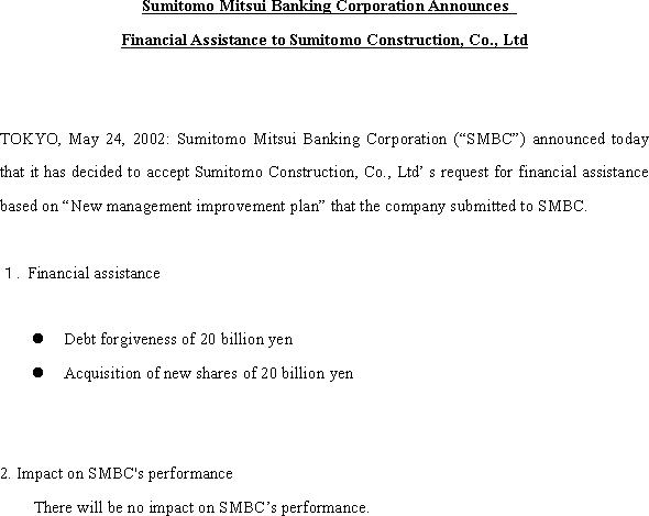 Sumitomo Mitsui Banking Corporation Announces Financial Assistance to Sumitomo Construction, Co., Ltd(1/1)