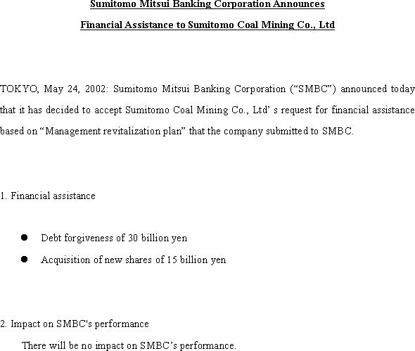 Sumitomo Mitsui Banking Corporation Announces Financial Assistance to Sumitomo Coal Mining Co., Ltd(1/1)
