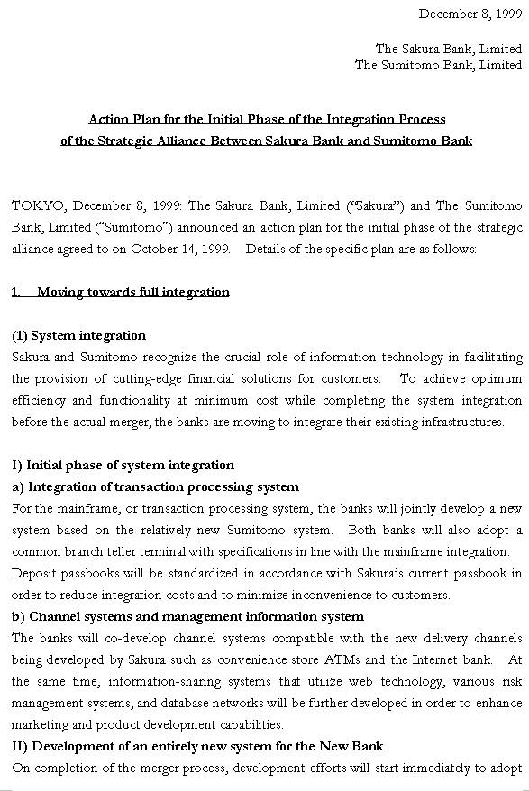 Action Plan for the Initial Phase of the Integration Process of the Strategic Alliance Between Sakura Bank and Sumitomo Bank (1/5) 