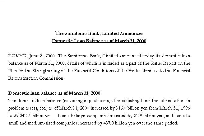 The Sumitomo Bank, Limited Announces Domestic Loan Balance as of March 31, 2000