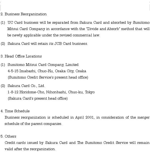 Reorganization of the Credit Card Business Between Sakura Card and Sumitomo Credit Service (2/3) 