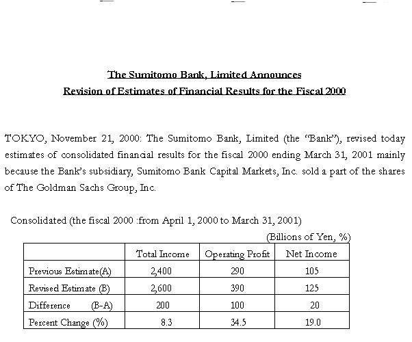 The Sumitomo Bank, Limited Announces Revision of Estimates of Financial Results for the Fiscal 2000