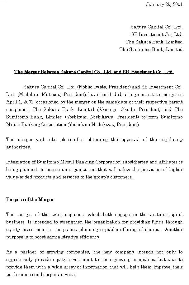 The Merger Between Sakura Capital Co., Ltd. and SB Investment Co., Ltd. (1/3) 