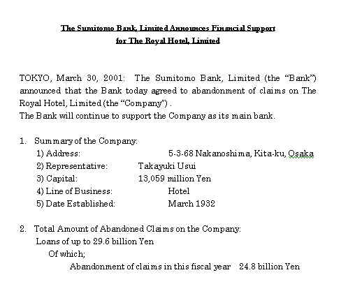 The Sumitomo Bank,Limited Announces Financial Support for The Royal Hotel,Limited.