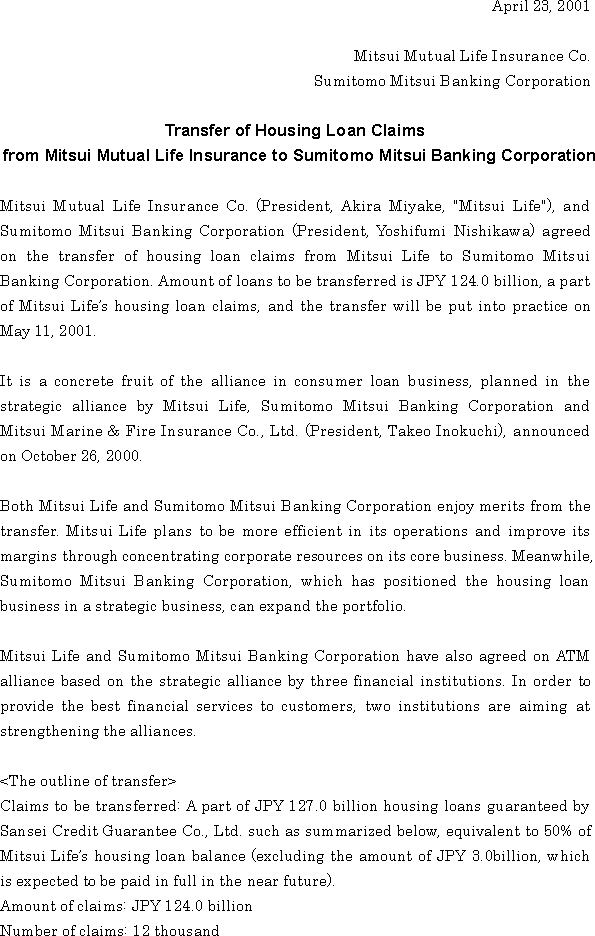 Transfer of Housing Loan Claims from Mitsui Mutual Life Insurance to Sumitomo Mitsui Banking Corporation(1/2)