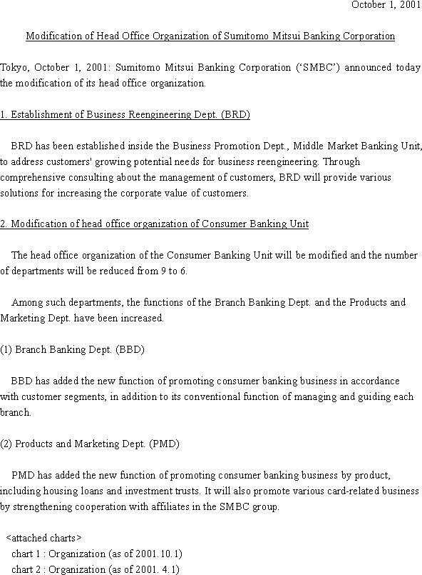 Modification of Head Office Organization of Sumitomo Mitsui Banking Corporation(1/3)
