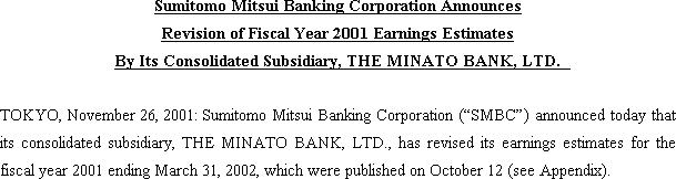 Sumitomo Mitsui Banking Corporation Announces Revision of Fiscal Year 2001 Earnings Estimates By Its Consolidated Subsidiary, THE MINATO BANK, LTD.(1/2)