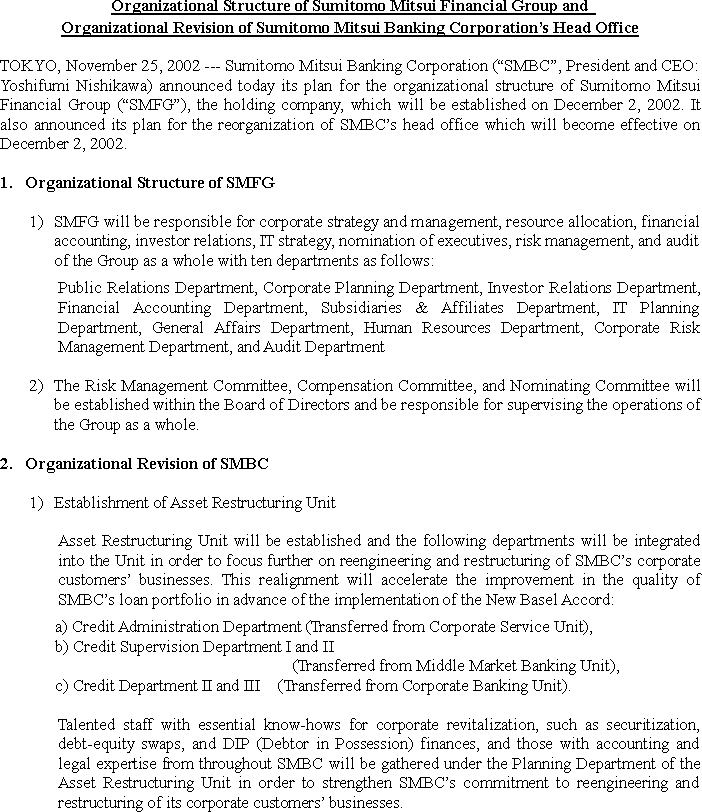 Organizational Structure of Sumitomo Mitsui Financial Group and Organizational Revision of Sumitomo Mitsui Banking Corporation's Head Office(1/3)