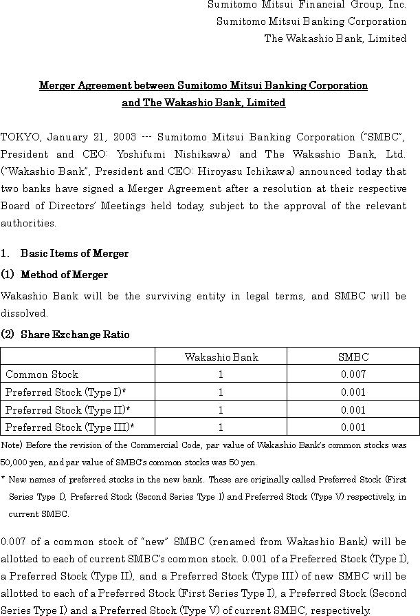Merger Agreement between Sumitomo Mitsui Banking Corporation and The Wakashio Bank, Limited(1/5)