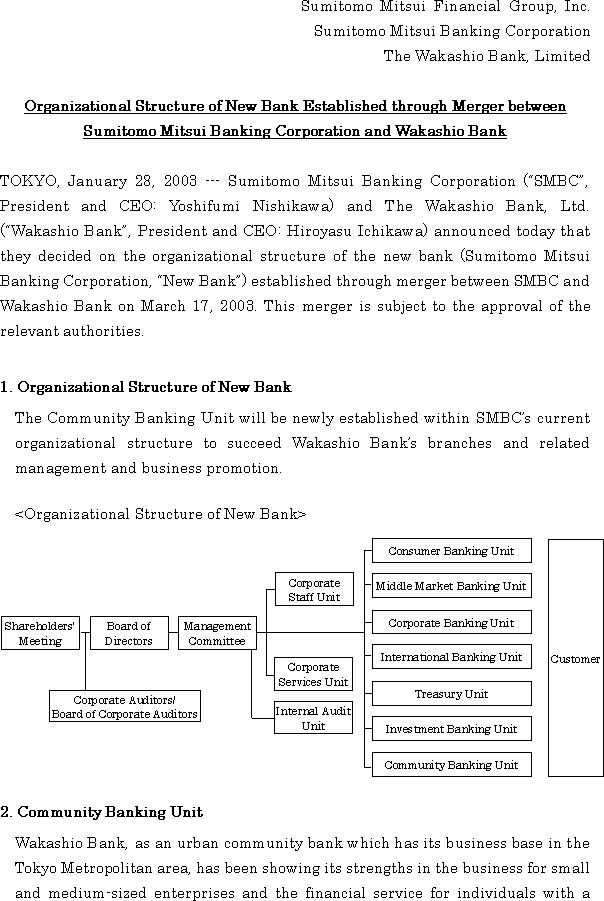 Organizational Structure of New Bank Established through Merger between Sumitomo Mitsui Banking Corporation and Wakashio Bank(1/2)