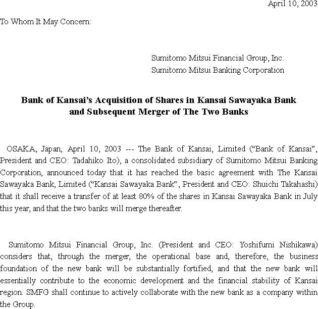 Bank of Kansai7s Acquisition of Shares in Kansai Sawayaka Bank and Subsequent Merger of The Two Banks(1/1)
	