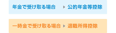 年金で受け取る場合→公的年金等控除 一時金で受け取る場合→退職所得控除