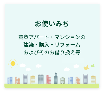 お使いみち:賃貸アパート・マンションの建築・購入・リフォームおよびそのお借り換え等