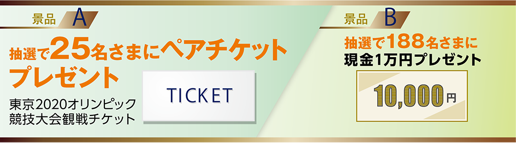 景品A 東京2020オリンピック競技大会観戦チケット 抽選で25名さまにペアチケットプレゼント 景品B 抽選で188名さまに現金1万円プレゼント