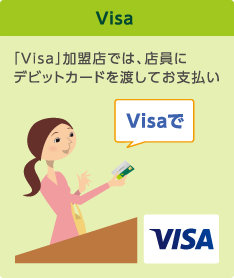 Visa 「Visa」加盟店では、店員にデビットカードに渡してお支払い 「Visaで」