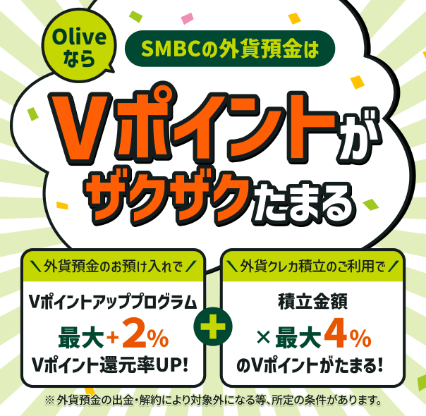 SMBCの外貨預金はOliveならVポイントがザクザクたまる 外貨預金のお預け入れでVポイントアッププログラム最大+2%Vポイント還元率UP!+外貨クレカ積立のご利用で積立金額×最大4%※のVポイントがたまる! ※外貨預金の出金・解約により対象外となる等、所定の条件があります。