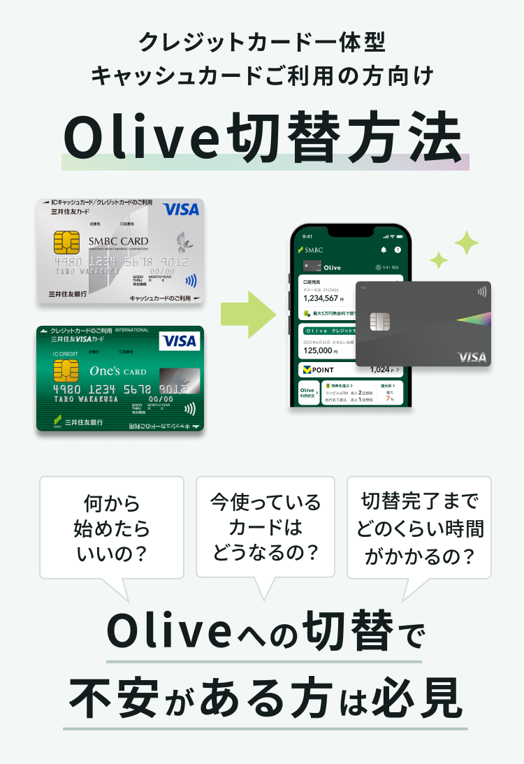 �N���W�b�g�J�[�h��̌^�L���b�V���J�[�h�����p�̕����� Olive�ؑ֕��@ ������n�߂��炢���́H ���g���Ă���J�[�h�͂ǂ��Ȃ�́H �ؑ֊����܂łǂ̂��炢���Ԃ�������́H Olive�ւ̐ؑւŕs����������͕K��