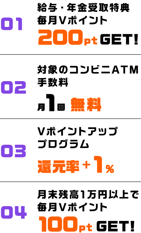 1�A���^�E�N�������T����V�|�C���g200pt GET!�B2�A�Ώۂ̃R���r�jATM�萔����1�񖳗��B3�AV�|�C���g�A�b�v�v���O�����Ҍ����{1���B4�A�����c��1���~�ȏ�Ŗ���V�|�C���g100pt GET!�B