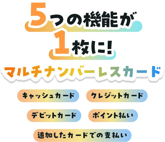 5�̋@�\��1���ɁI�}���`�i���o�[���X�J�[�h�B�L���b�V���J�[�h�A�N���W�b�g�J�[�h�A�f�r�b�g�J�[�h�A�|�C���g�����A�ǉ������J�[�h�ł̎x�����B