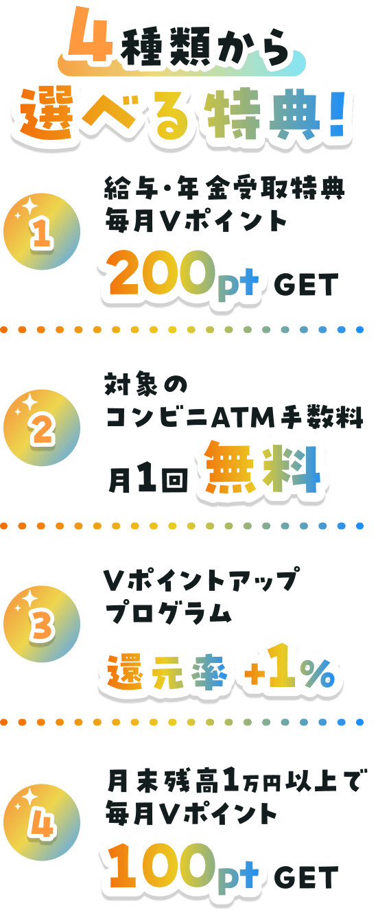 4��ނ���I�ׂ���T�I1�A���^�E�N�������T����V�|�C���g200ptGET�B2�A�Ώۂ̃R���r�jATM�萔��1�񖳗��B3�AV�|�C���g�A�b�v�v���O�����Ҍ����{1���B4�A�����c��1���~�ȏ�Ŗ���V�|�C���g100ptGET�B