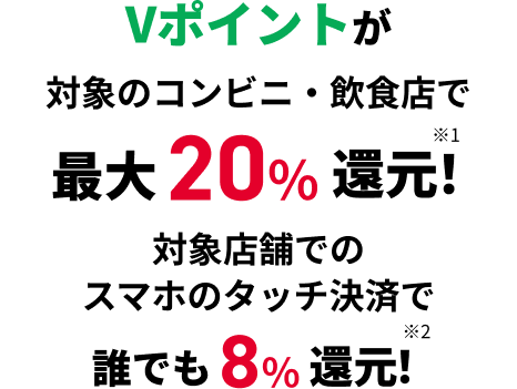 Vポイントが対象のコンビニ・飲食店で最大20%還元!※1 対象店舗でのスマホのタッチ決済で誰でも8%還元!※2