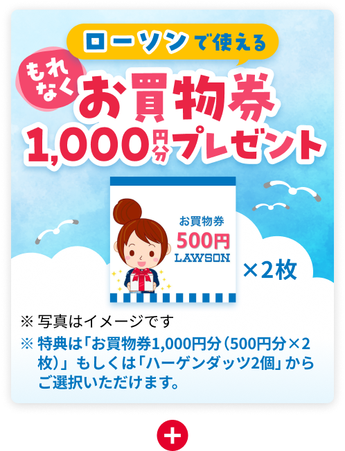 もれなくローソンで使えるお買物券1,000円分プレゼント お買物券500円LAWSON×2枚 ※写真はイメージです ※特典は「お買物券1,000円分(500円分×2枚)」もしくは「ハーゲンダッツ2個」からご選択いただけます。