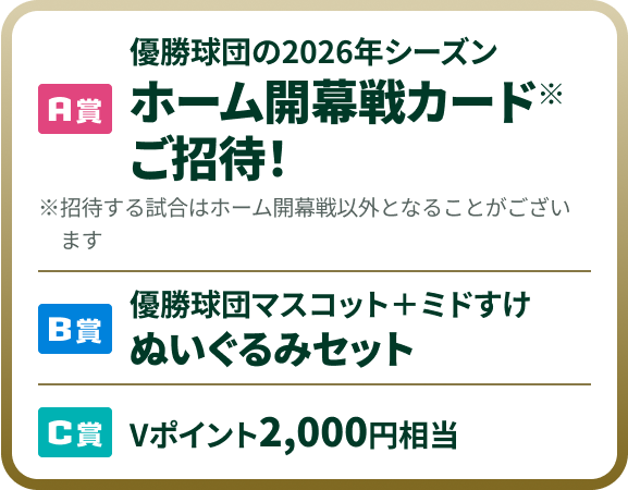 A賞優勝球団の2026年シーズンホーム開幕戦カード※ご招待!※招待する試合はホーム開幕戦以外となることがございます B賞優勝球団マスコット+ミドすけぬいぐるみセット C賞Vポイント2,000円相当