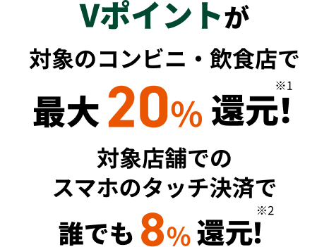 Vポイントが対象のコンビニ・飲食店で最大20%還元!※1 対象店舗でのスマホのタッチ決済で誰でも8%還元!※2
