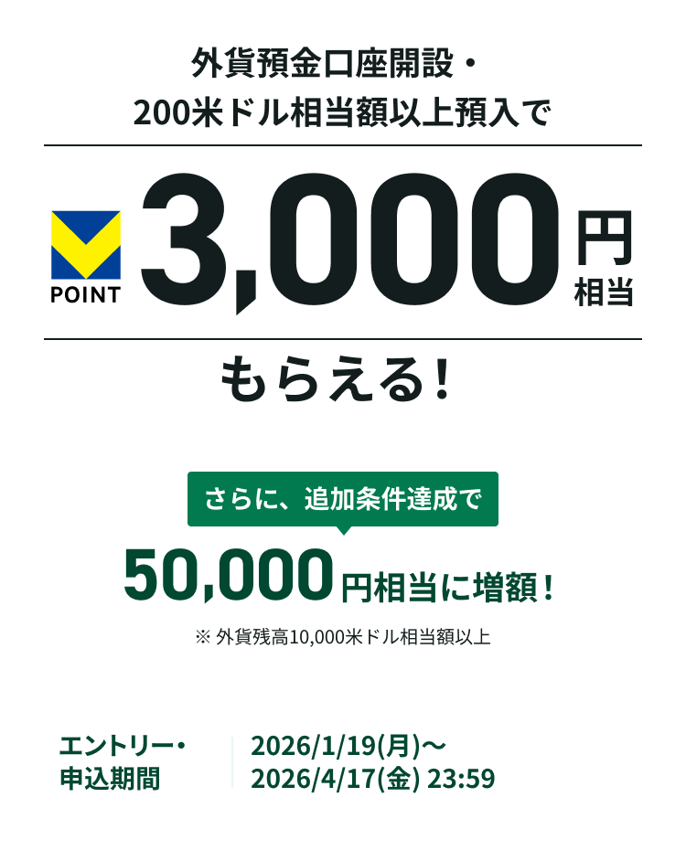 �O�ݗa�������J�݁E200�ăh�������z�ȏ�a����V�|�C���g3,000�~�������炦��I ����ɁA�ǉ������B����50,000�~�����ɑ��z�I ���O�ݎc��10,000�ăh�������z�ȏ� �G���g���[�E�\������ 2026/1/19(��)�`2026/4/17(��) 23:59