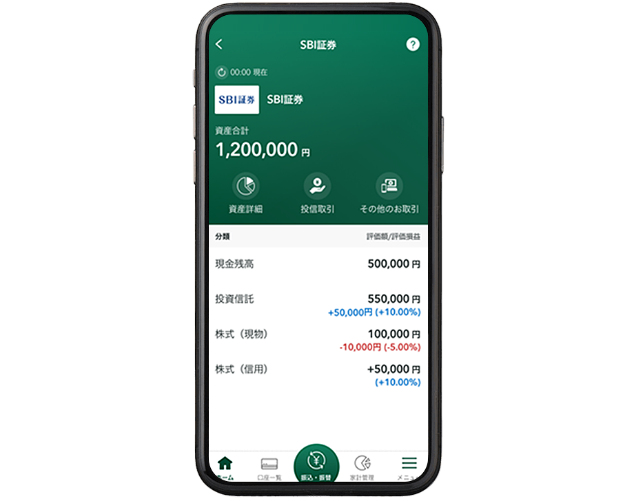 画像:資産運用(SBI証券口座)も口座、決済と同じ1つのアプリで管理