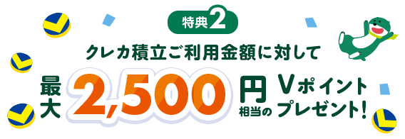 特典2 クレカ積立ご利用金額に対して最大2,500円相当のVポイントプレゼント!