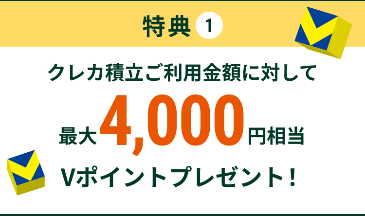 特典1 クレカ積立ご利用金額に対して最大4,000円相当 Vポイントプレゼント!