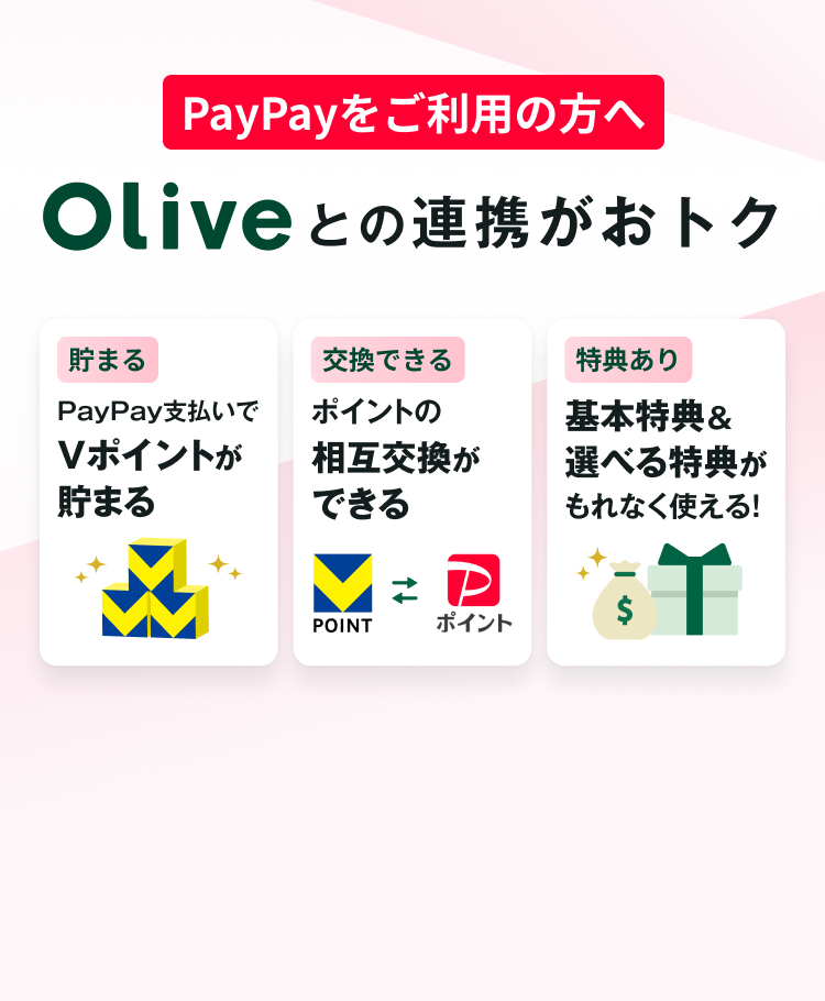 PayPayをご利用の方へ Oliveとの連携がおトク 貯まる、PayPay支払いでVポイントが貯まる 交換できる、ポイントの相互交換ができる 特典あり、基本特典&選べる特典がもれなく使える!