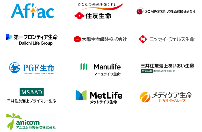 �A�t���b�N�����ی�������ЁA�Z�F�����ی����݉�ЁASOMPO�Ђ܂�萶���ی�������ЁA���t�����e�B�A�����ی�������ЁA���z�����ی�������ЁA�j�b�Z�C�E�E�F���X�����ی�������ЁA�v���f���V���� �W�u�����^ �t�@�C�i���V���������ی�������ЁA�}�j�����C�t�����ی�������A�O��Z�F�C�゠�����������ی�������ЁA�O��Z�F�C��v���C�}���[�����ی�������ЁA���b�g���C�t�����ی�������ЁA���f�B�P�A�����ی�������ЁA�A�j�R�����Q�ی��������