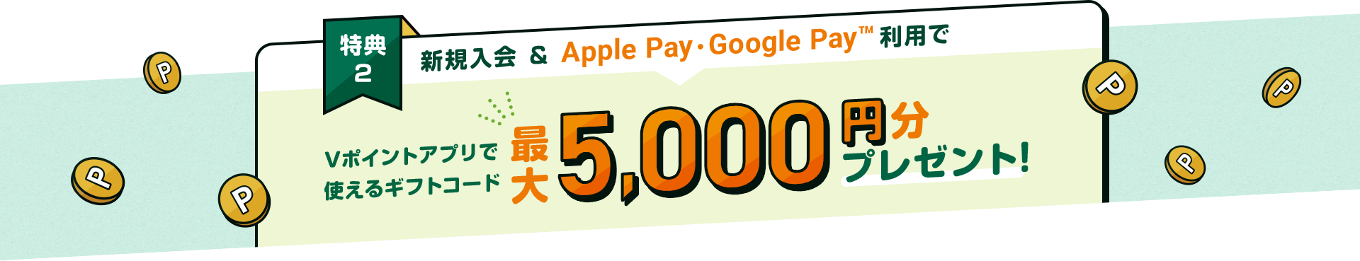特典2 新規入会&Apple Pay・Google PayTM利用でＶポイントアプリで使えるギフトコード最大5,000円分プレゼント！