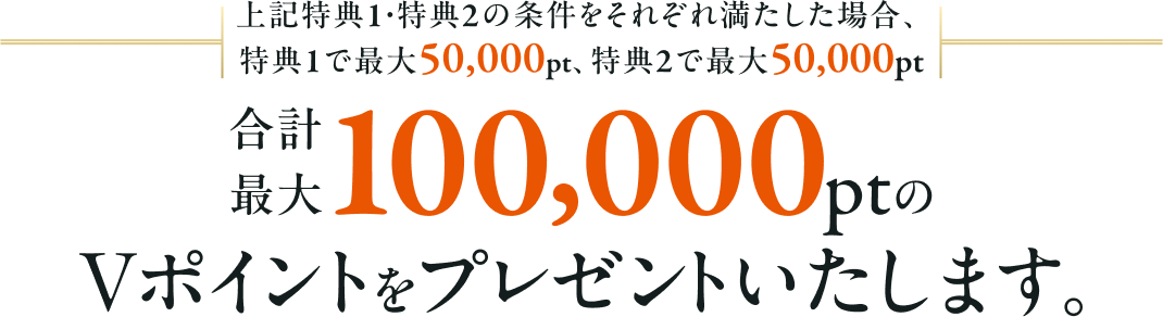 上記特典1・特典2の条件をそれぞれ満たした場合、特典1で最大50,000pt、特典2で最大50,000pt 合計最大100,000ptのVポイントをプレゼントいたします。