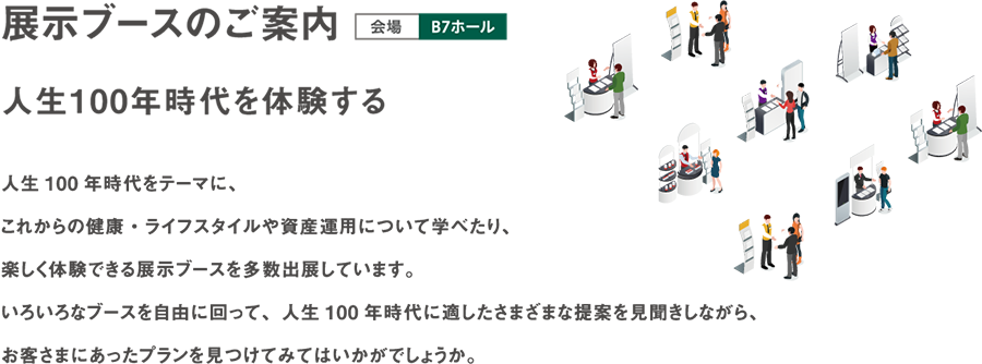 展示ブースのご案内 会場B7ホール 人生100年時代を体験する 人生100年時代をテーマに、これからの健康・ライフスタイルや資産運用について学べたり、楽しく体験できる展示ブースを多数出店しています。いろいろなブースを自由に回って、人生100年時代に適したさまざまな提案を見聞きしながら、お客さまにあったプランを見つけてみてはいかがでしょうか。