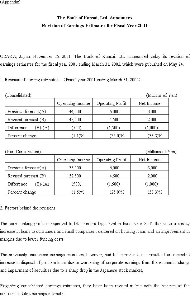 Sumitomo Mitsui Banking Corporation Announces Revision of Fiscal Year 2001 Earnings Estimates By Its Consolidated Subsidiary, The Bank of Kansai, Ltd.(2/2)