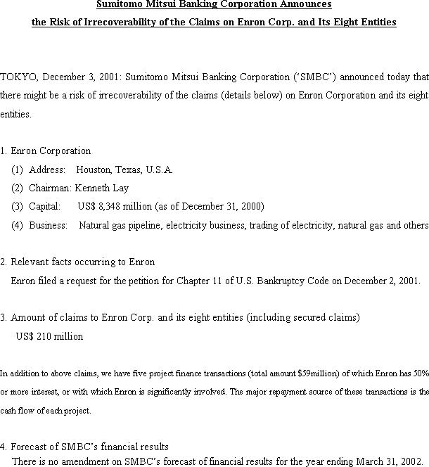 Sumitomo Mitsui Banking Corporation Announces the Risk of Irrecoverability of the Claims on Enron Corp. and Its Eight Entities(1/1)