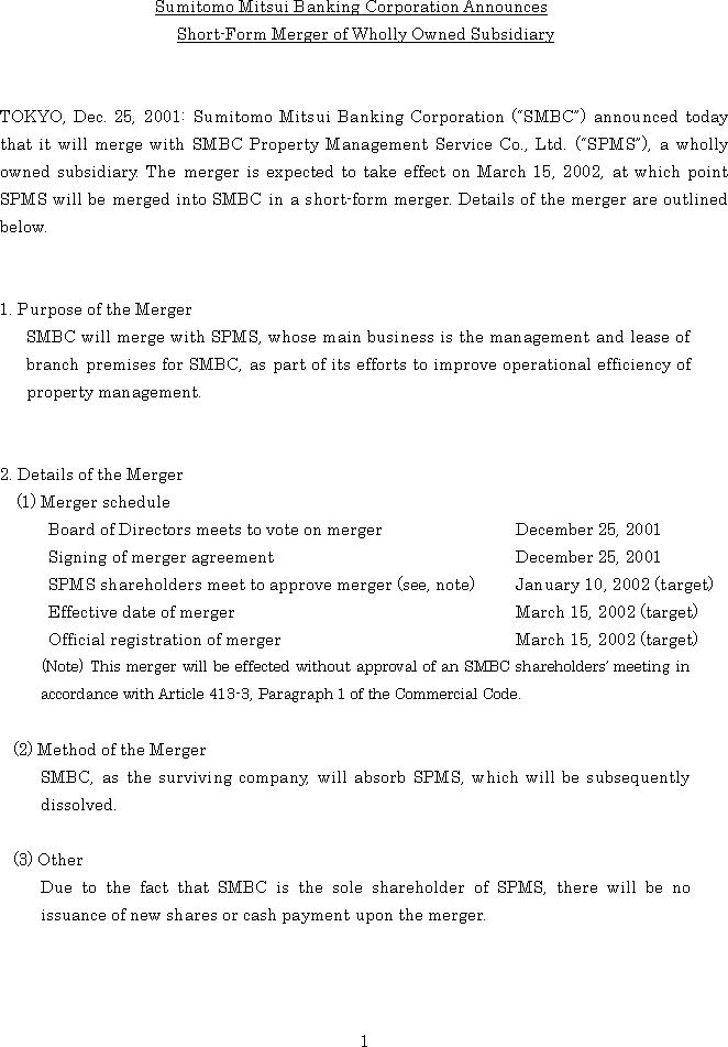 Sumitomo Mitsui Banking Corporation Announces Short-Form Merger of Wholly Owned Subsidiary(1/3)