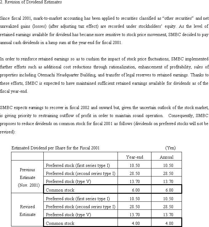 Sumitomo Mitsui Banking Corporation Announces Revision of Earnings and Dividends Estimates for Fiscal 2001 Ended March 31, 2002(2/5)
