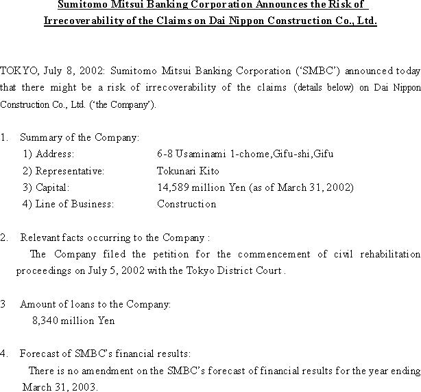 Sumitomo Mitsui Banking Corporation Announces the Risk of Irrecoverability of the Claims on Dai Nippon Construction Co., Ltd.(1/1)