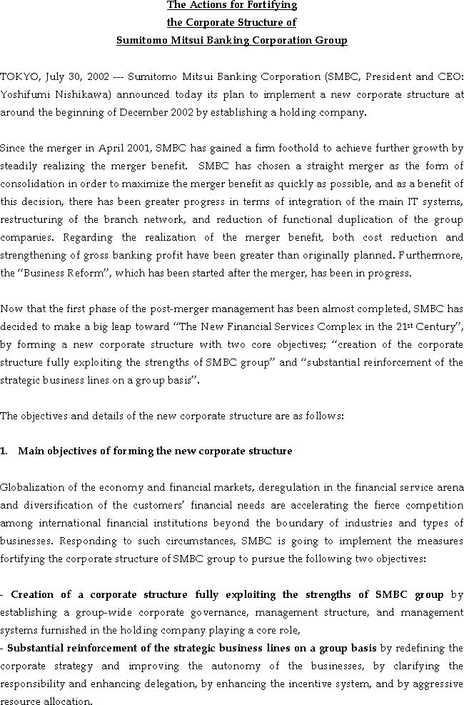 The Actions for Fortifying the Corporate Structure of Sumitomo Mitsui Banking Corporation Group(1/5)