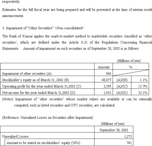 Sumitomo Mitsui Banking Corporation Announces Revision of Earnings Estimates for First Half of Fiscal 2002 by Its Consolidated Subsidiary, The Bank of Kansai, Ltd. (3/3)