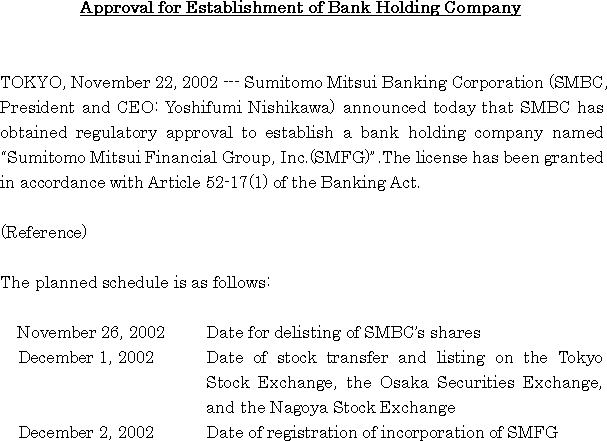 Approval for Establishment of Bank Holding Company(1/1)